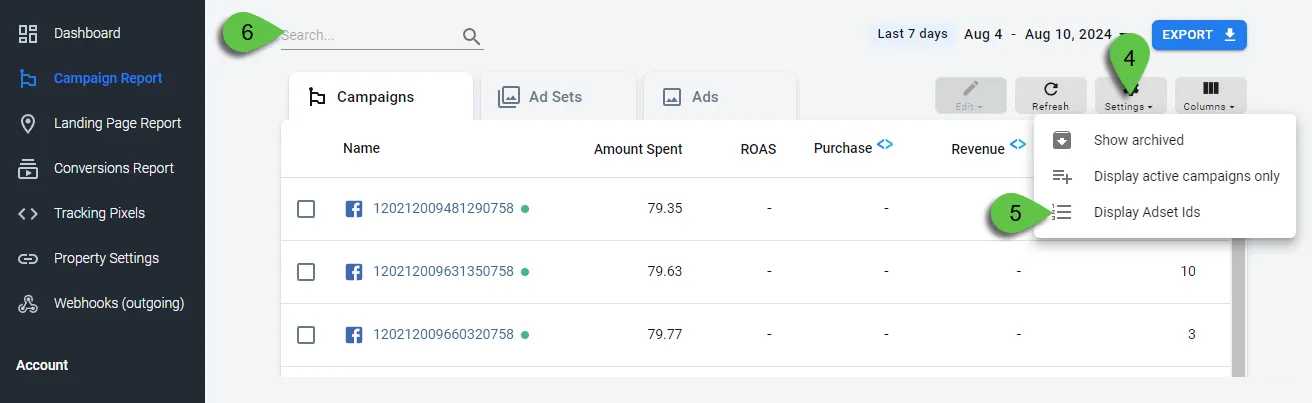 Use the Display Adset Names/Ids selector to switch between campaign names and IDs