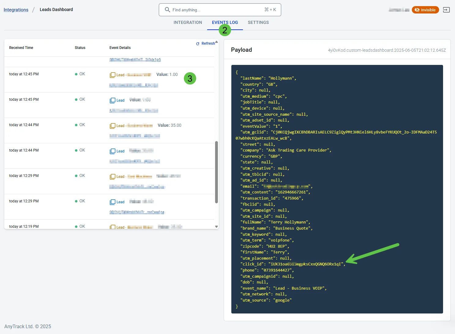 The events log of the Custom Integration shows the events received and their atclid.