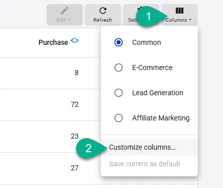 Add, remove, and reorder columns in the Landing Page Report.