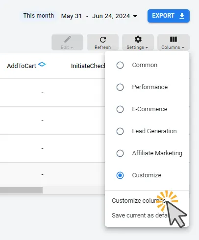 Click on Customize Columns to find all the metrics available for the Campaign Report.