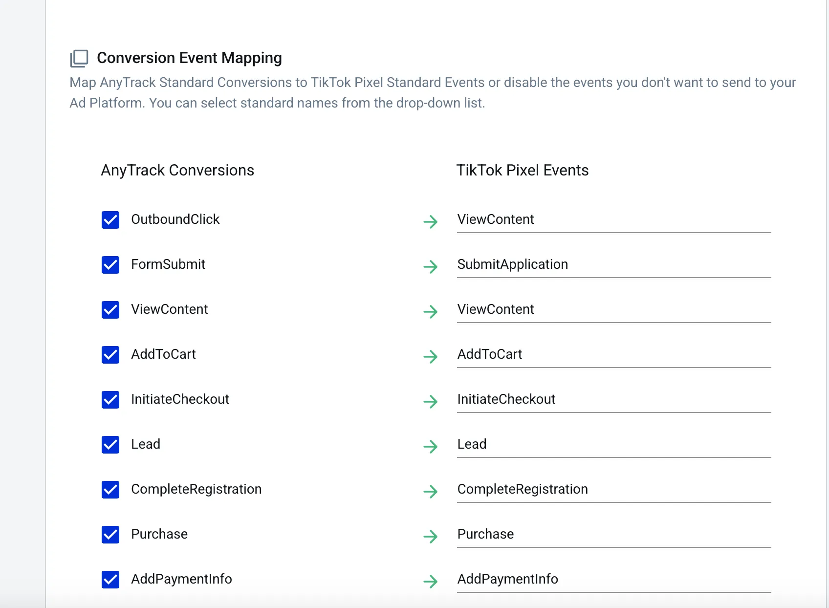 TikTok Conversion API event mapping in the AnyTrack Dashboard