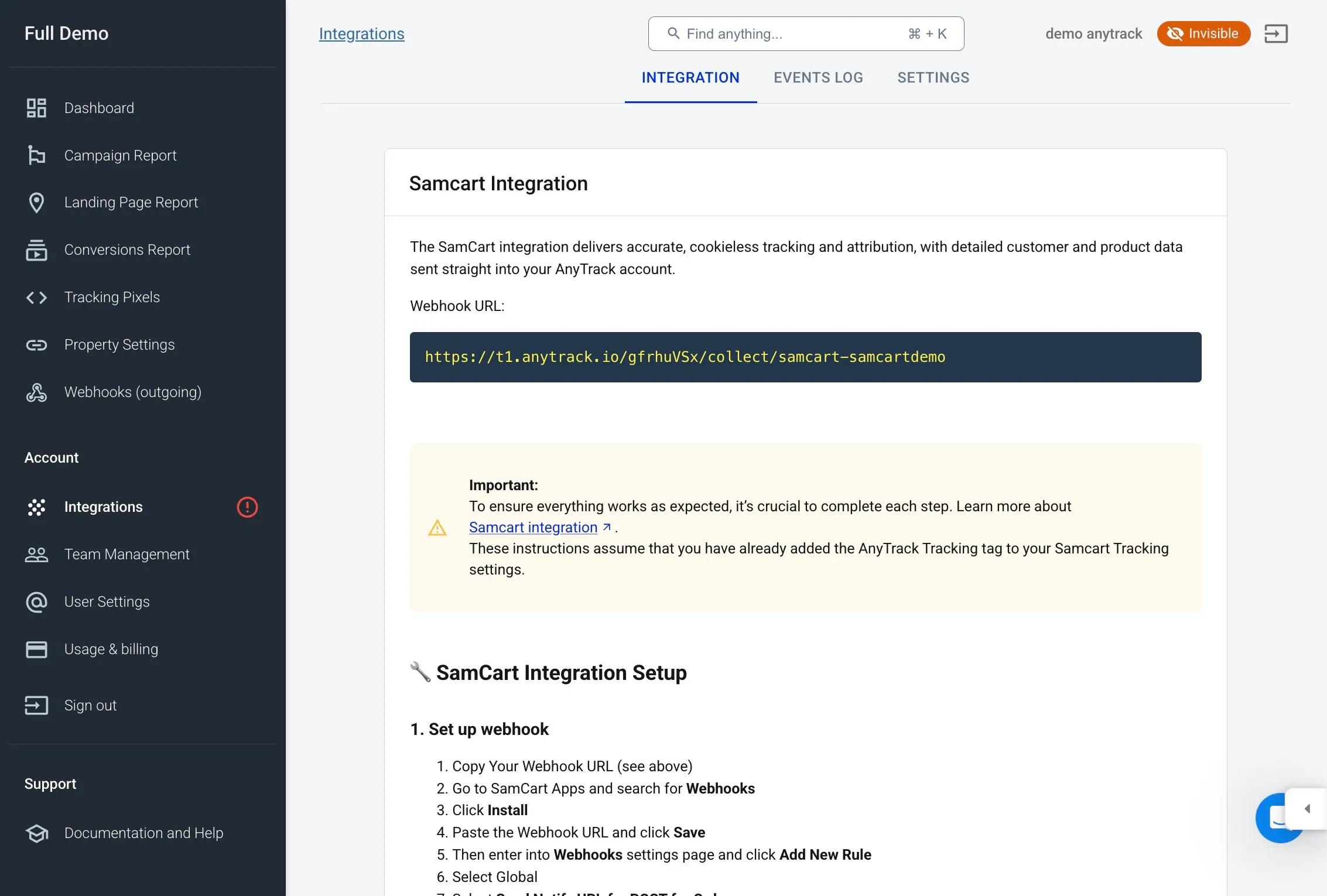 Opening the Events Log in the AnyTrack dashboard