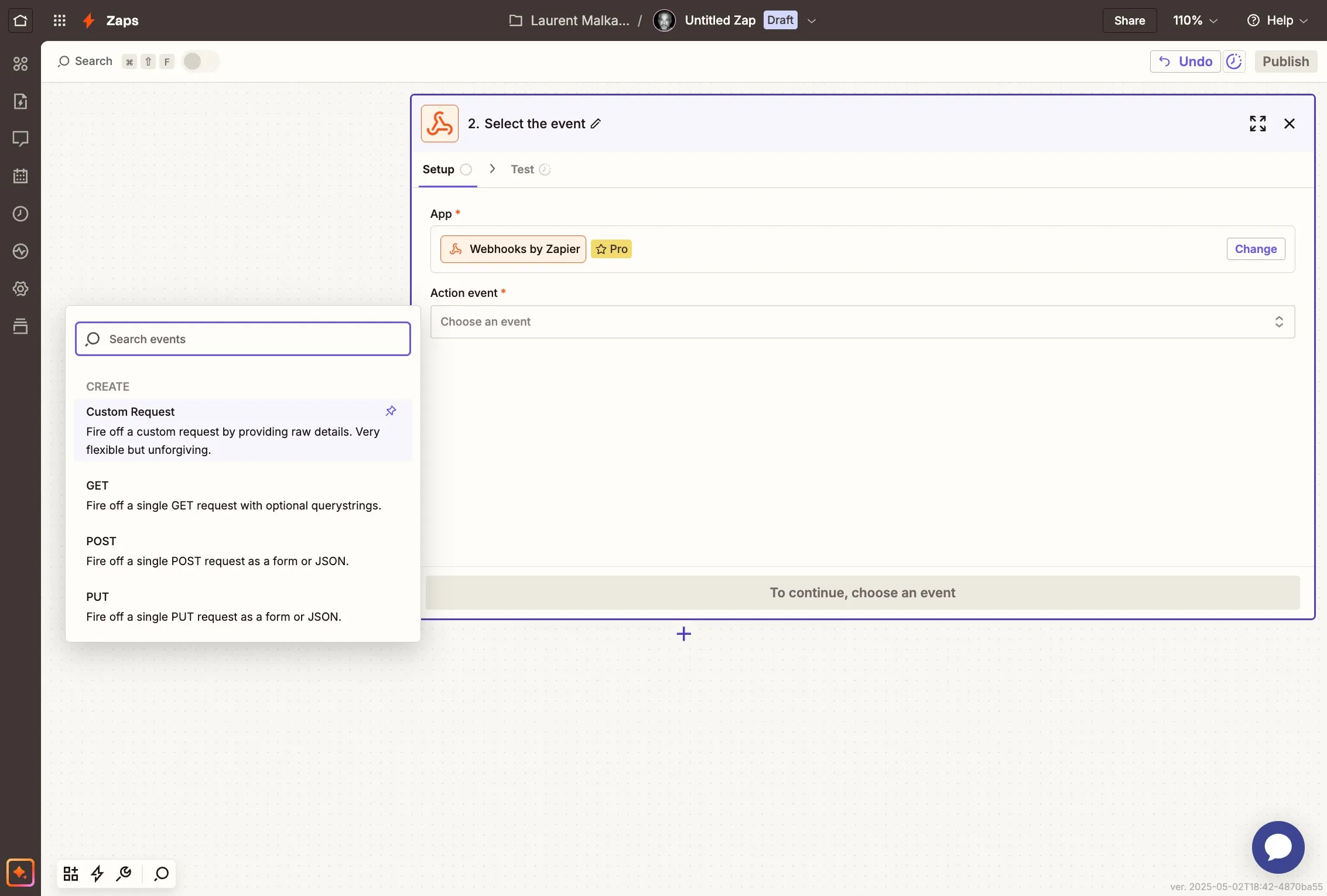 Selecting the Custom Request option for the Zapier webhook