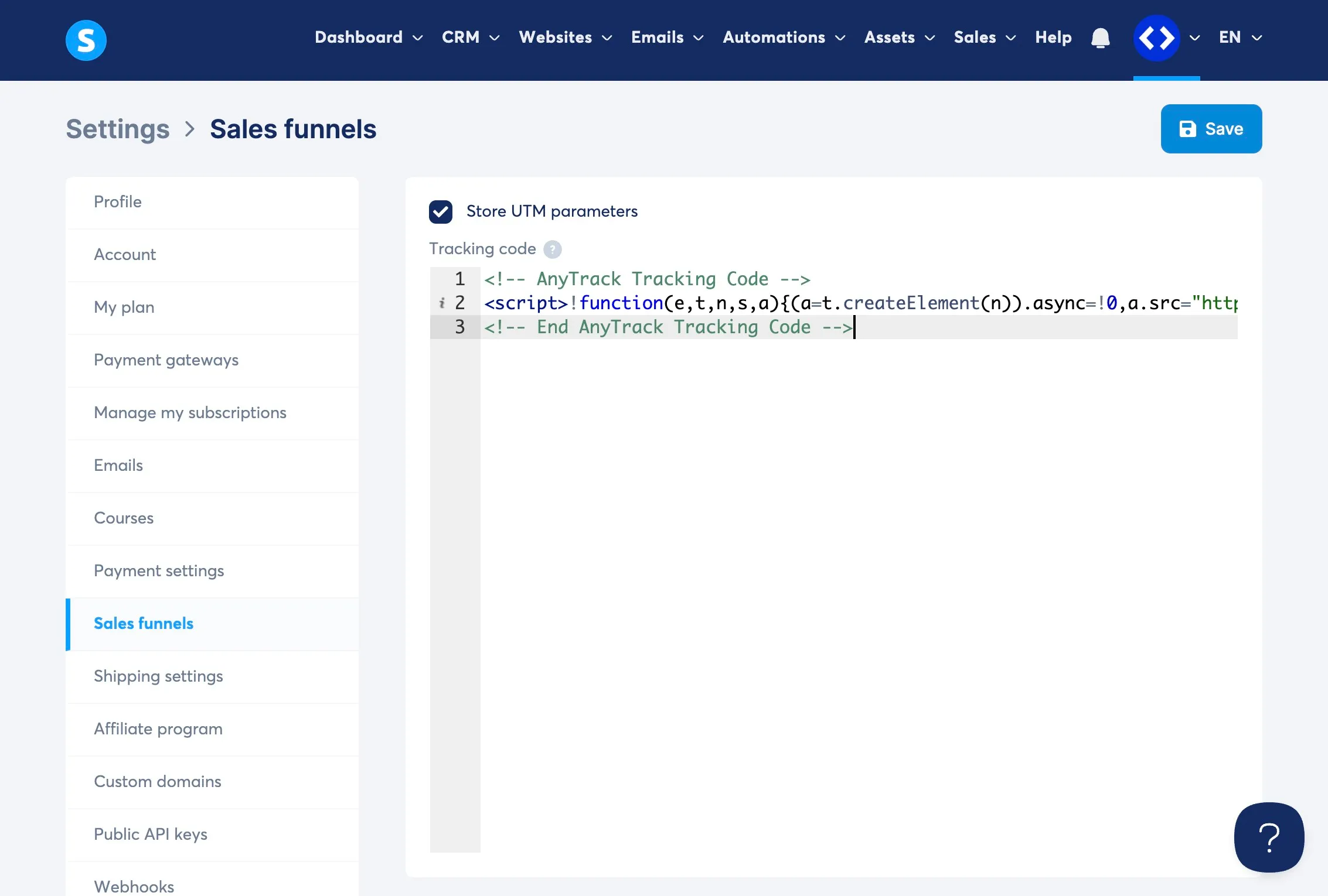 Pasting AnyTrack tag in Systeme.io settings