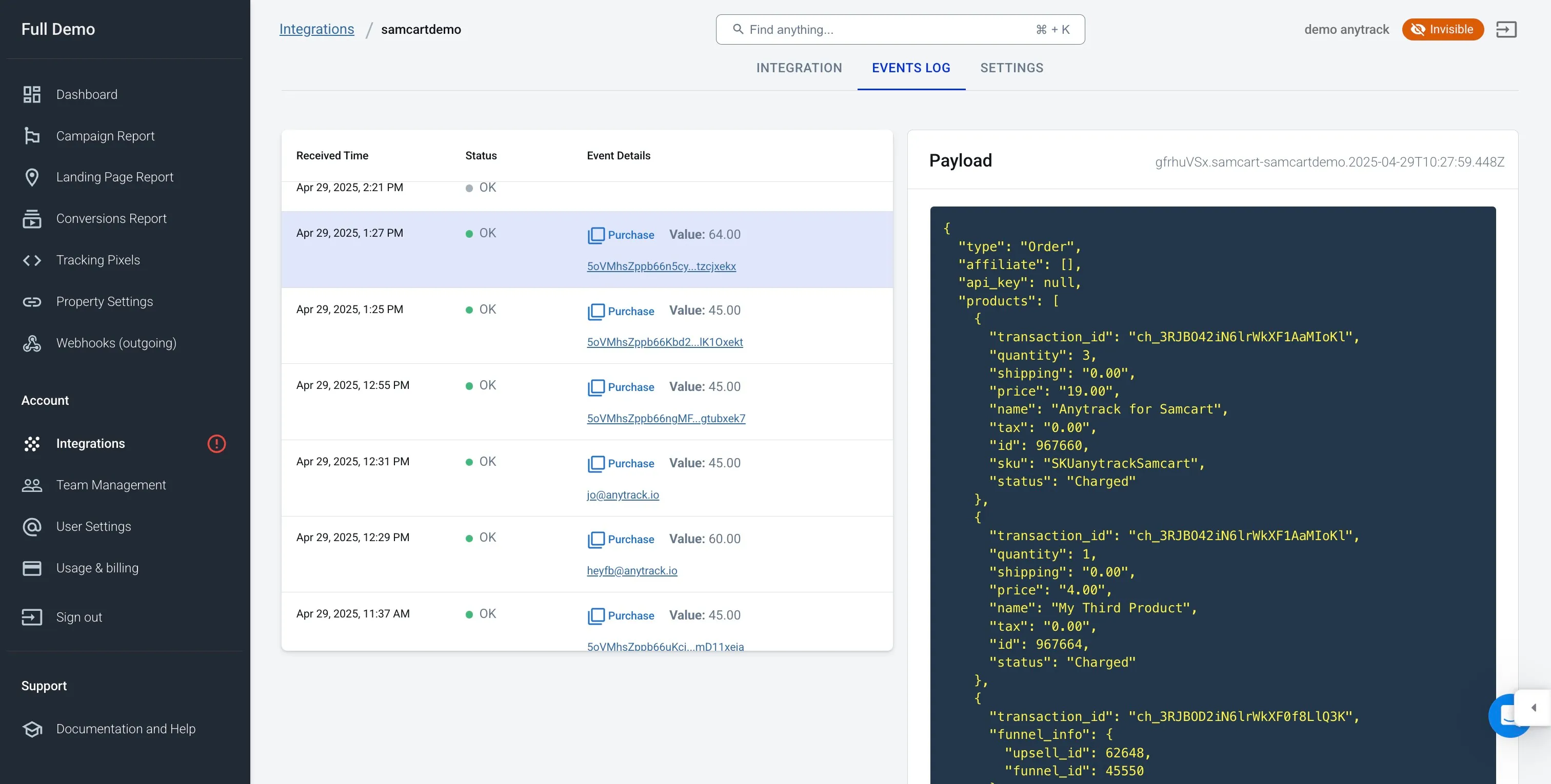 Viewing conversion data in the AnyTrack Events Log