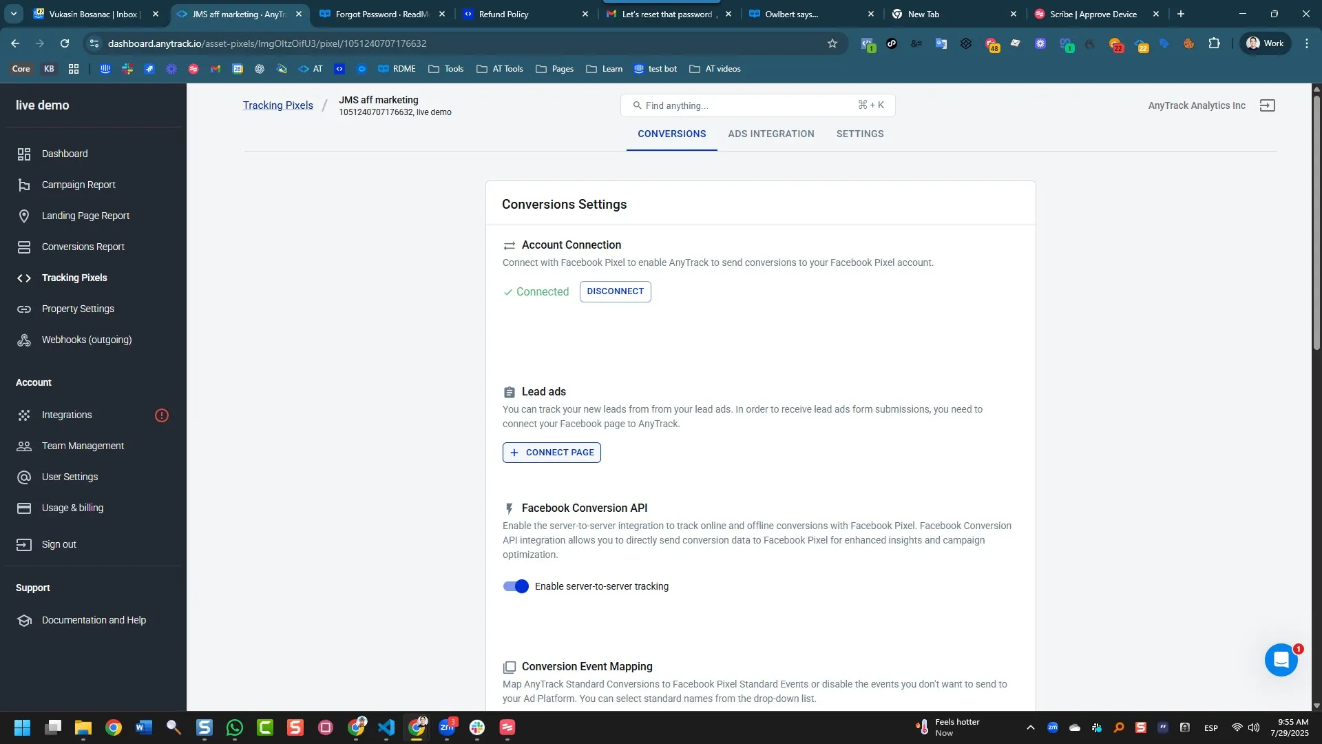 Select your Facebook Tracking Tag and click Lead Ads +CONNECT PAGE