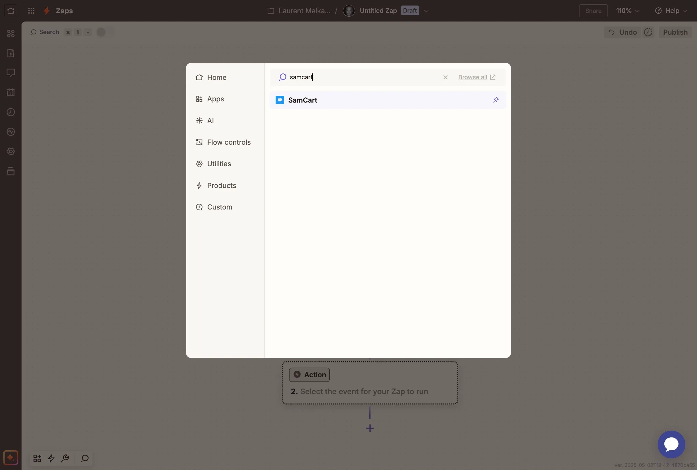 Selecting SamCart as the trigger app in Zapier