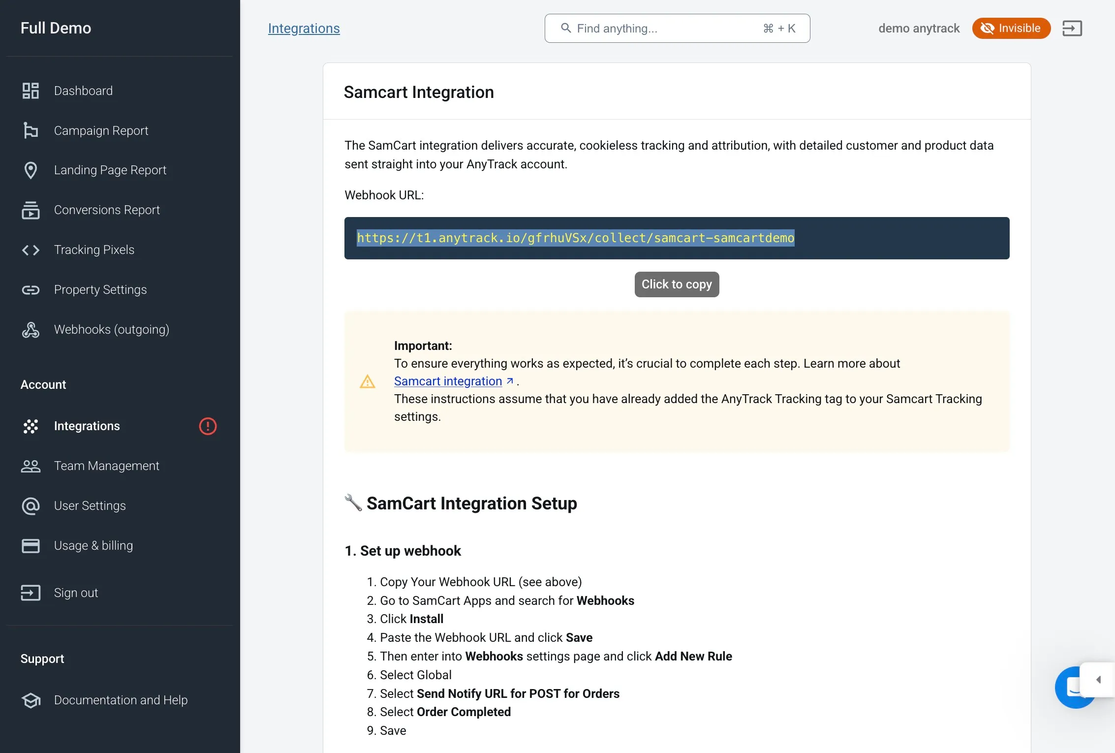 Copying the webhook URL from the AnyTrack dashboard