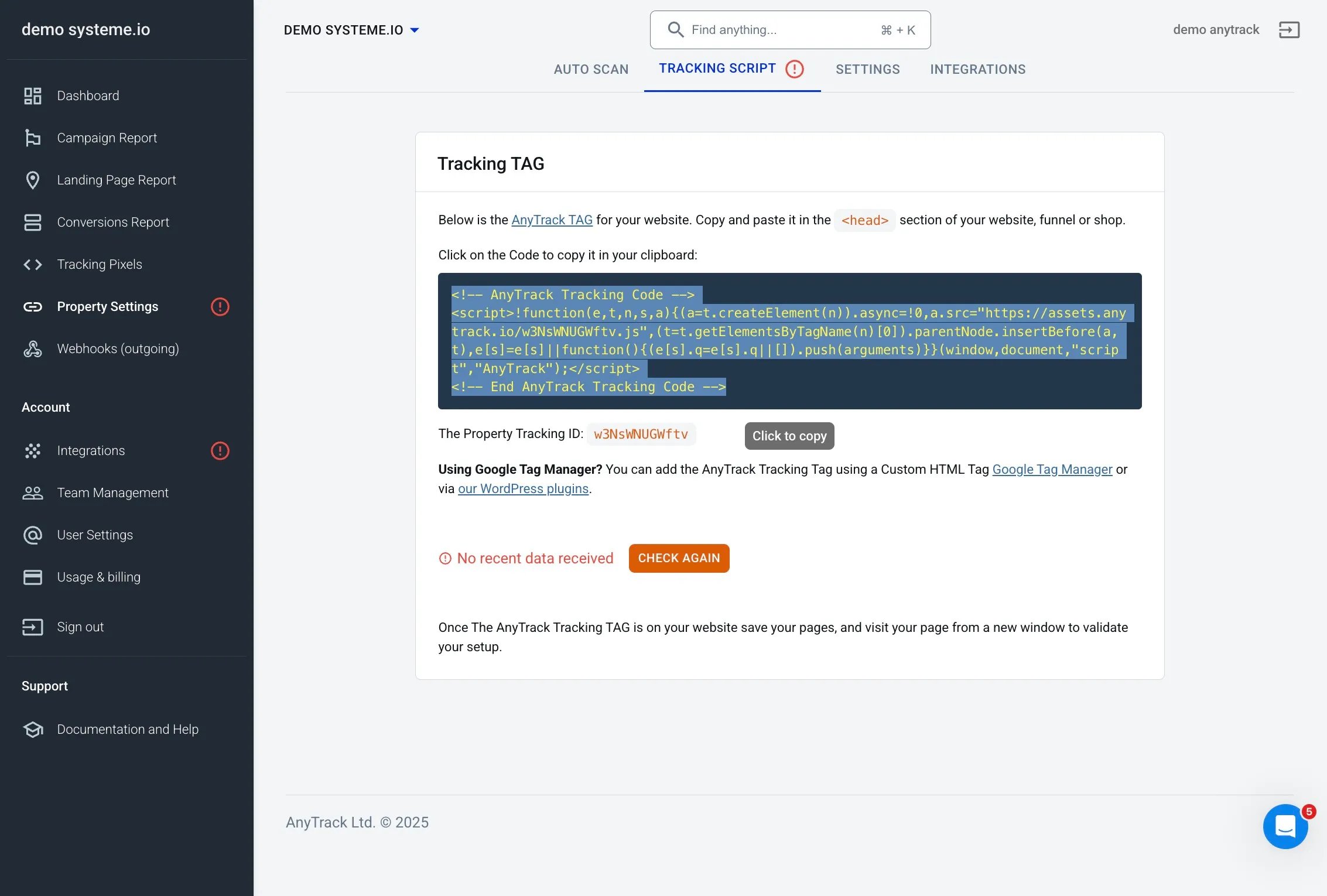 Copying AnyTrack tracking tag