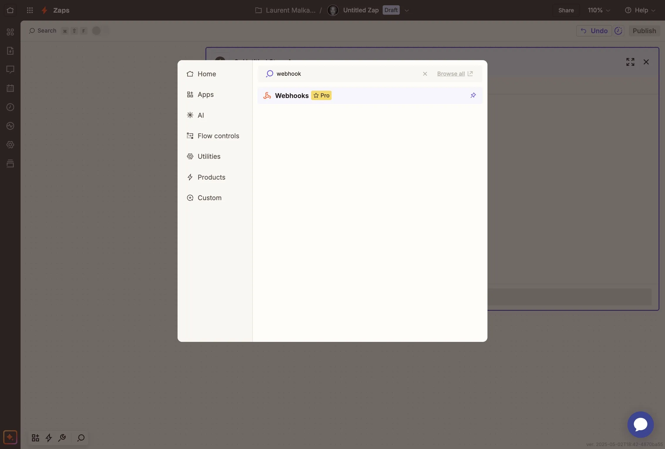 Choosing Webhooks action in Zapier