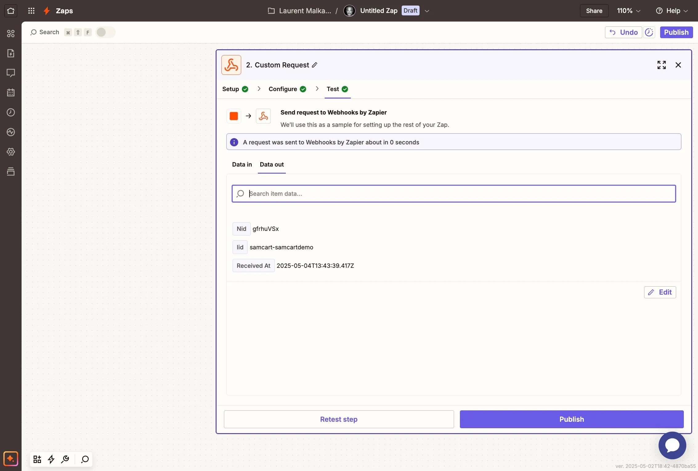 Running the test and publishing the Zap in Zapier
