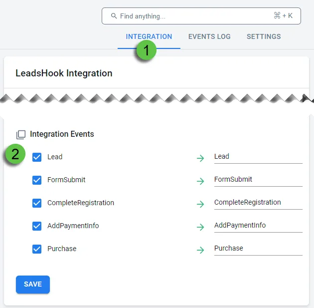 Configure the conversion events available for the LeadsHook integration from the Integration tab.