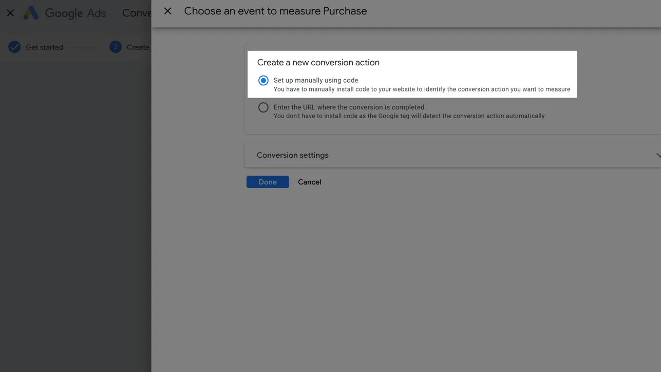 Select the conversion action creation method using code