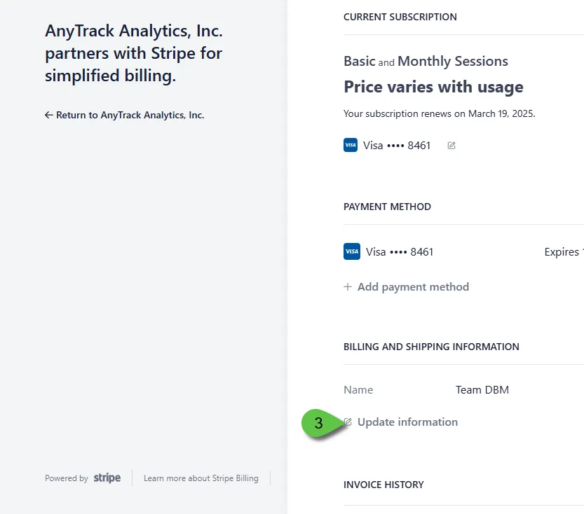 Select Billing Details and Invoices then Update Information