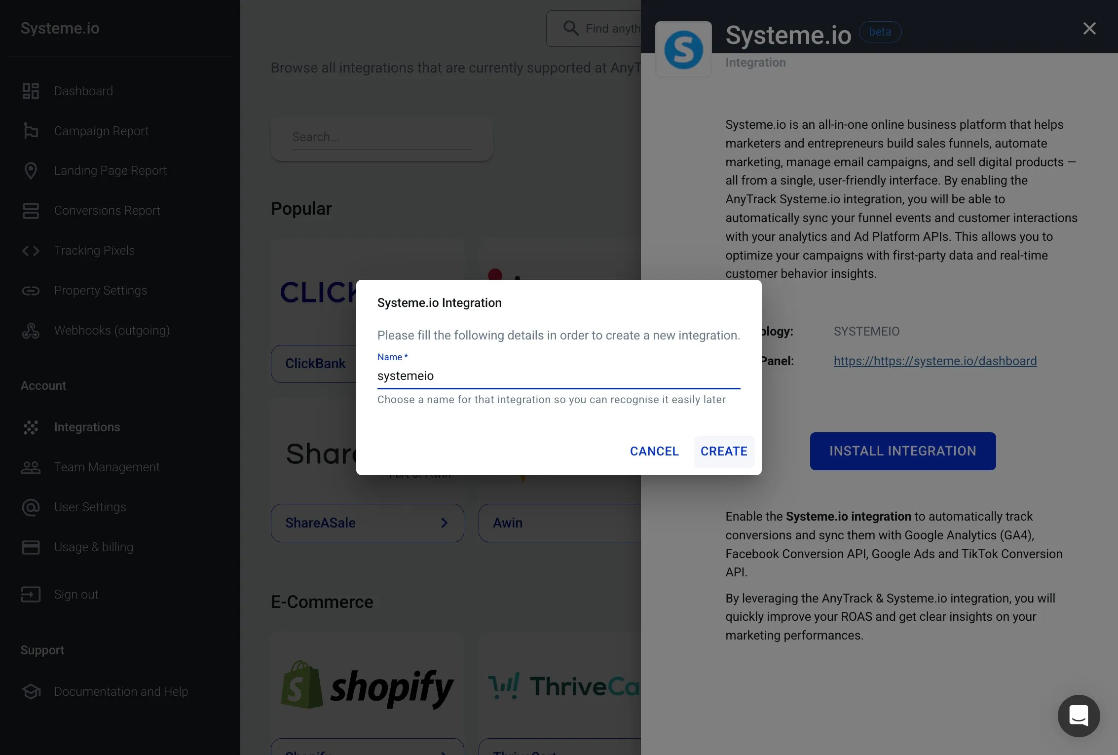 Creating Systeme.io integration in AnyTrack