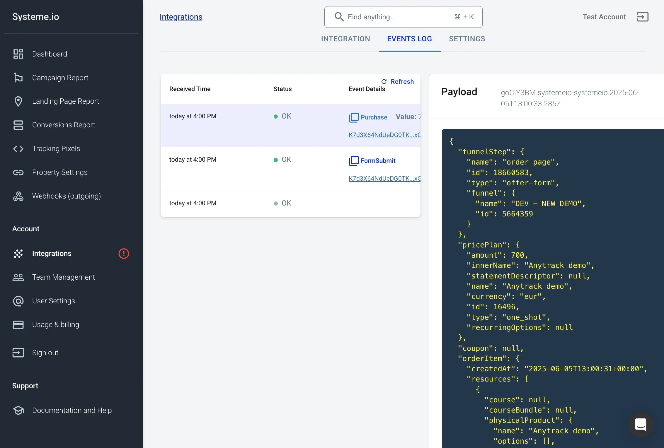 Inspecting conversion events from Systeme.io in AnyTrack