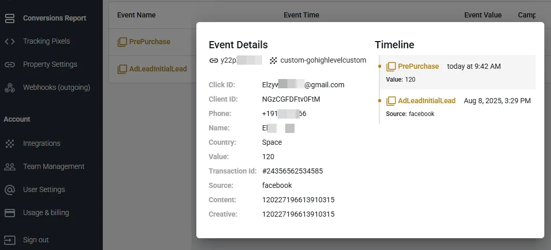 The new event is appended to the customer journey that began with the Facebook lead.