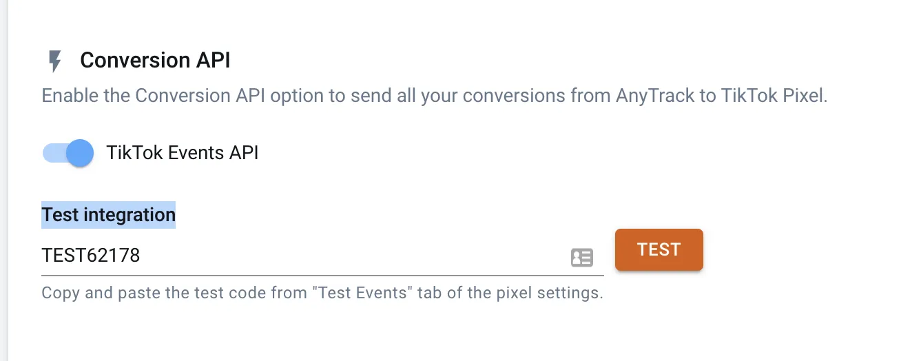 TikTok Test Event tab showing AnyTrack-sent events