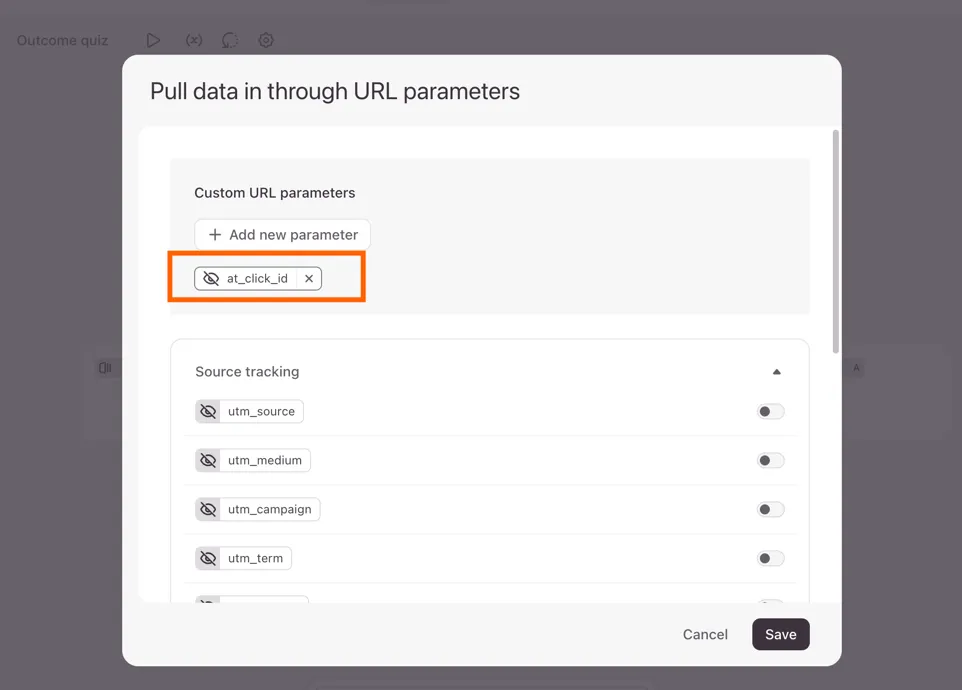 The at_click_id parameter added as a Custom URL parameter in Typeform