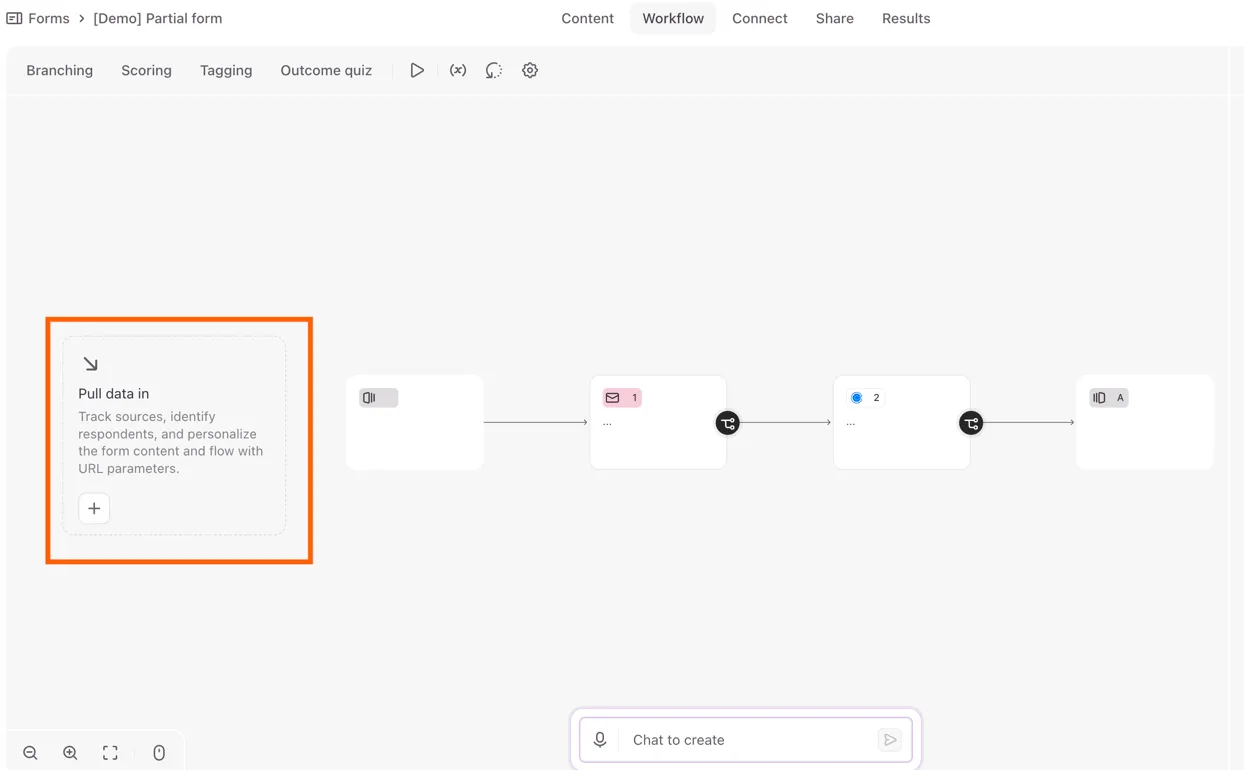 Selecting the Pull data in element on the Typeform Workflow canvas