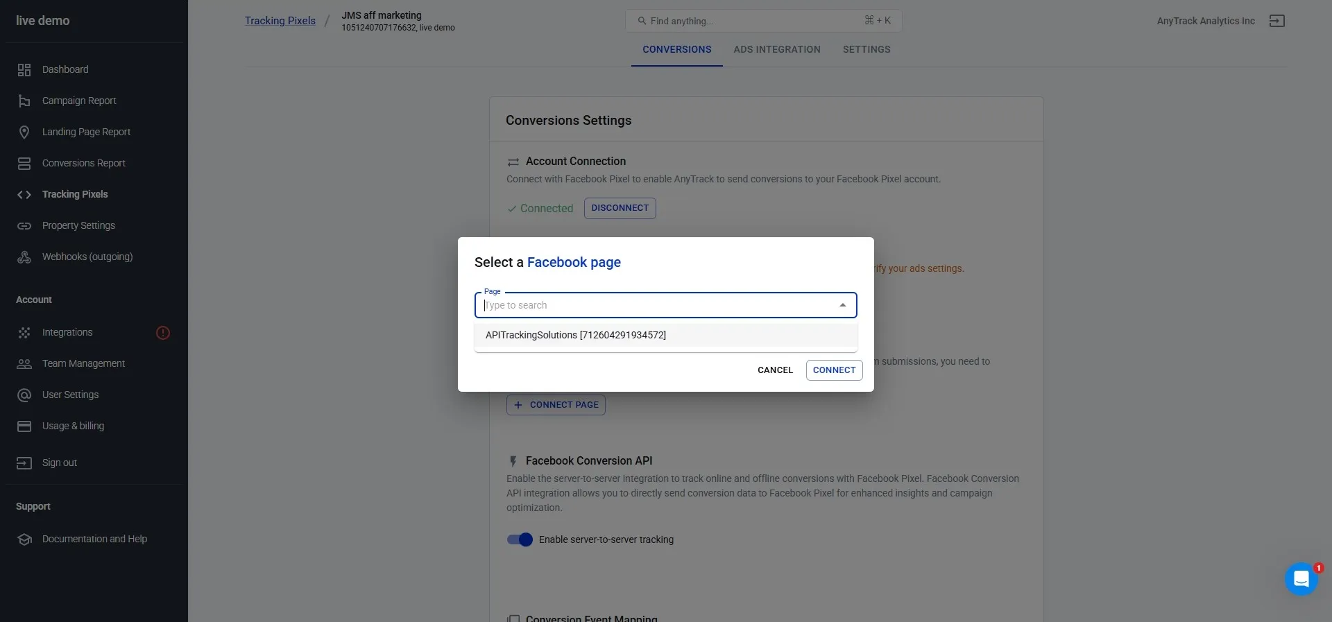 Select the Facebook Page