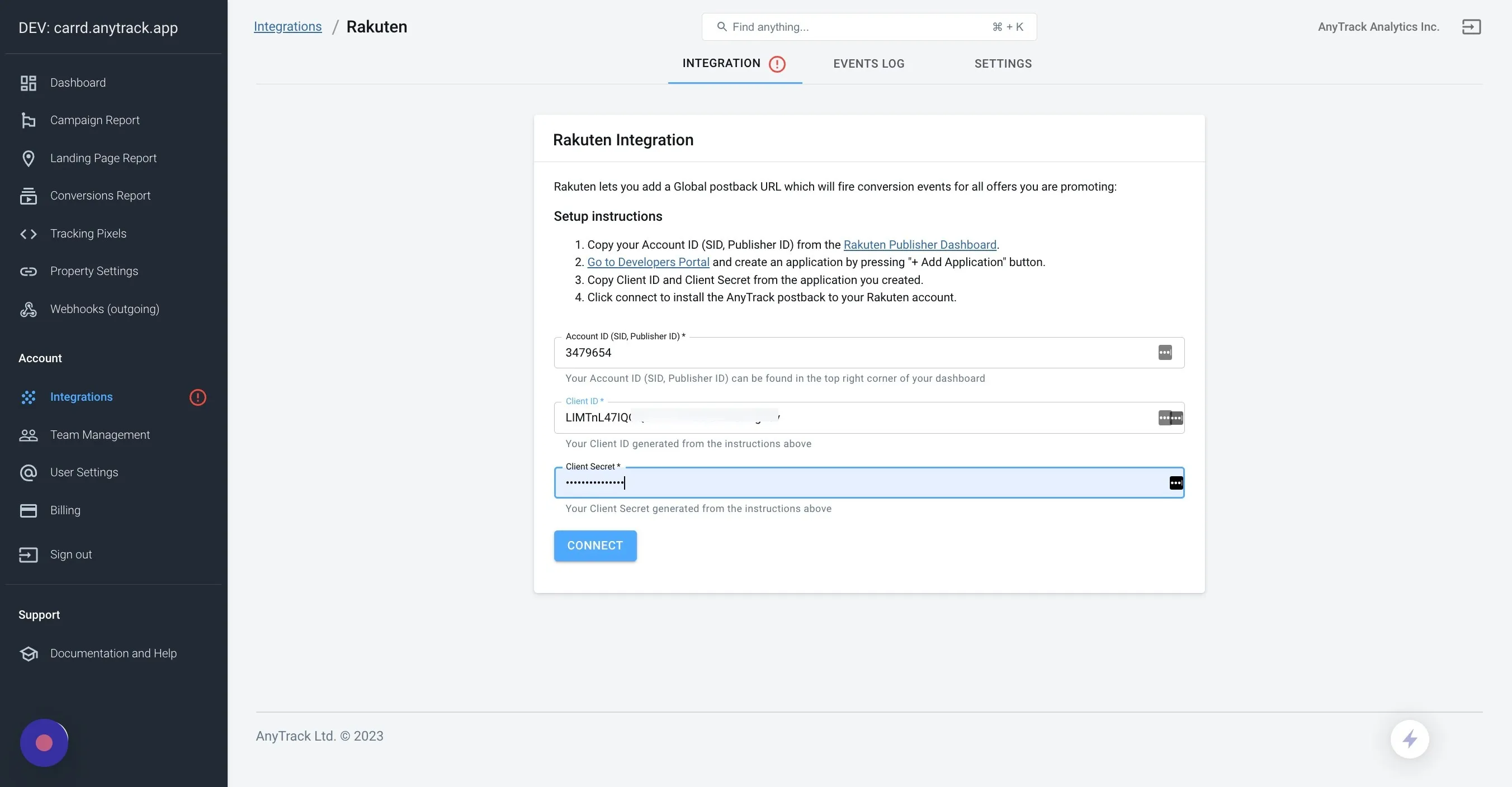 Rakuten Client Secret field in AnyTrack