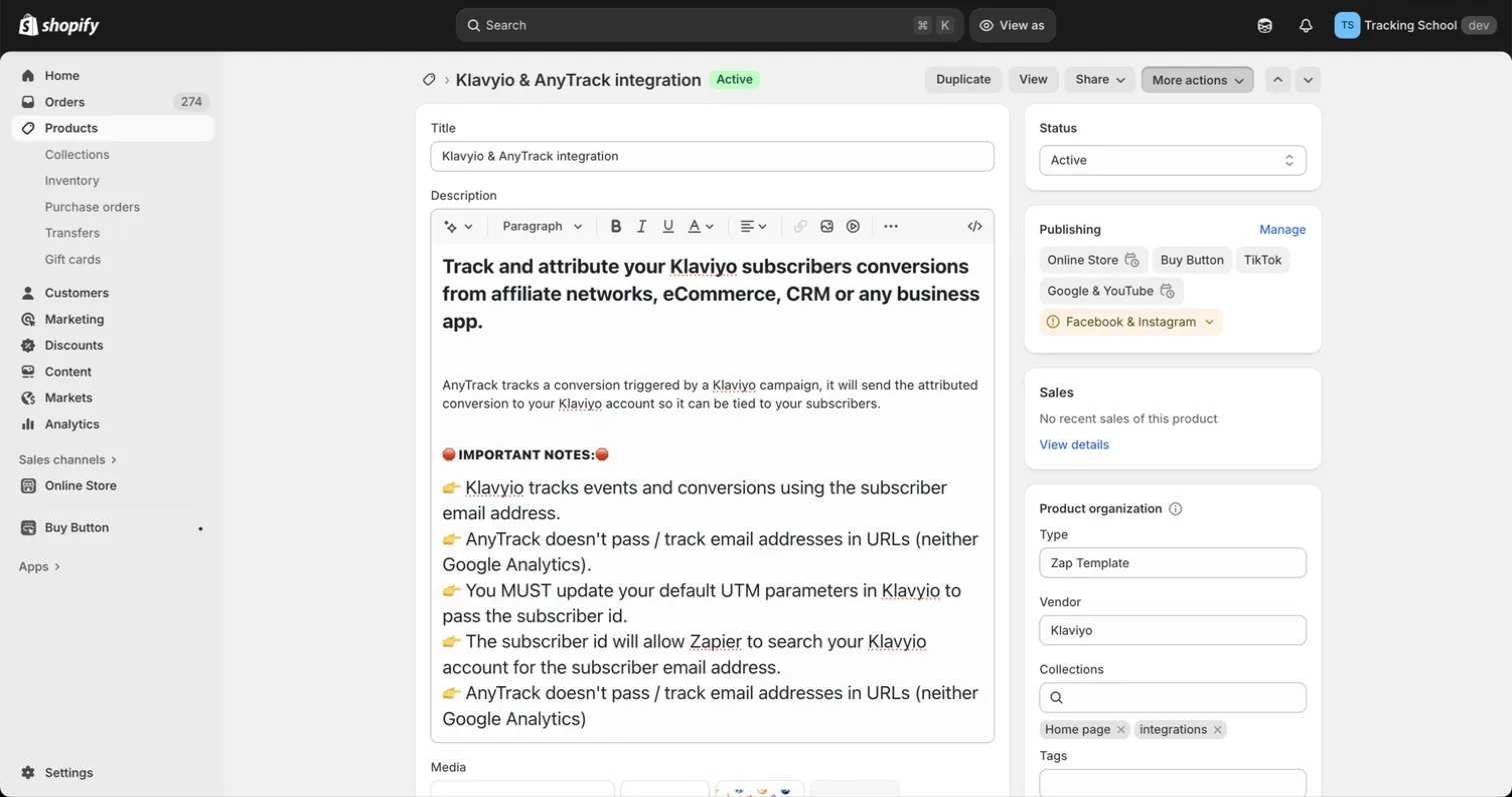 The Shopify product page where you can generate a checkout link.